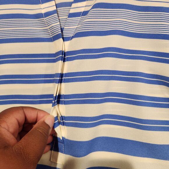 Talbots Blue White Striped Semi Sheer Split Neck Roll Tab Sleeve Blouse Size LP - Picture 4 of 10